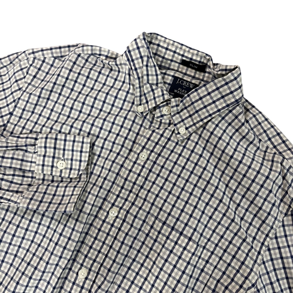 J.CREW Mens M Blue Gray Plaid Flex Washed Slim Fit Stretch Button Down Shirt